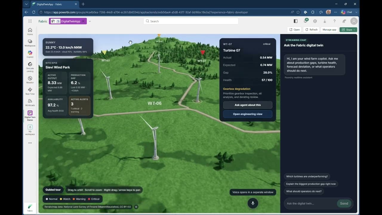 풍력발전소를 3D로 띄우고 터빈과 대화한다 — Microsoft Fabric 위 실시간 디지털 트윈 데모 영상 대표 이미지
