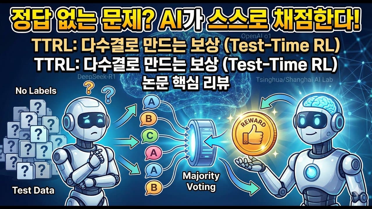 정답 없이 스스로 배우는 AI, 다수결 투표로 강화학습을 돌린 TTRL 논문 영상 대표 이미지